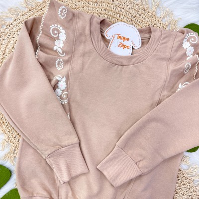 Conj. Blusão com Flores Laterais e Calça de Linho - Areia